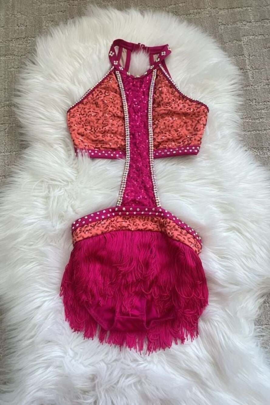 Weissman Fringed 2-Piece Dance Costume with Front Connection Pink Orange IC